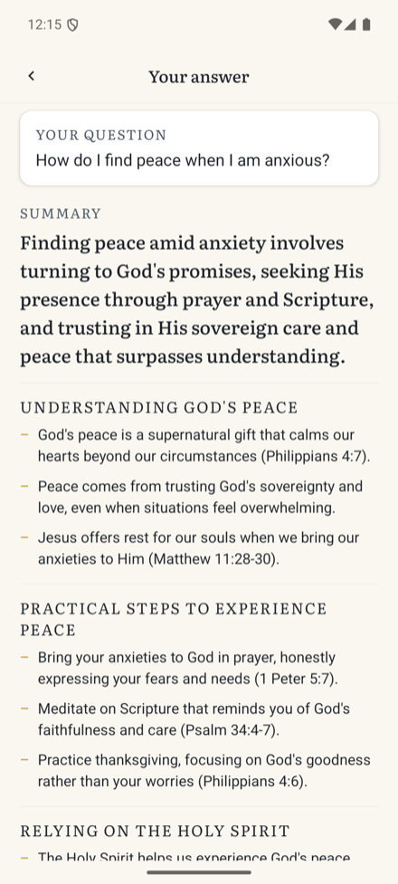 An answer page: the question, a summary in serif type, and sections of short points each citing a verse reference.