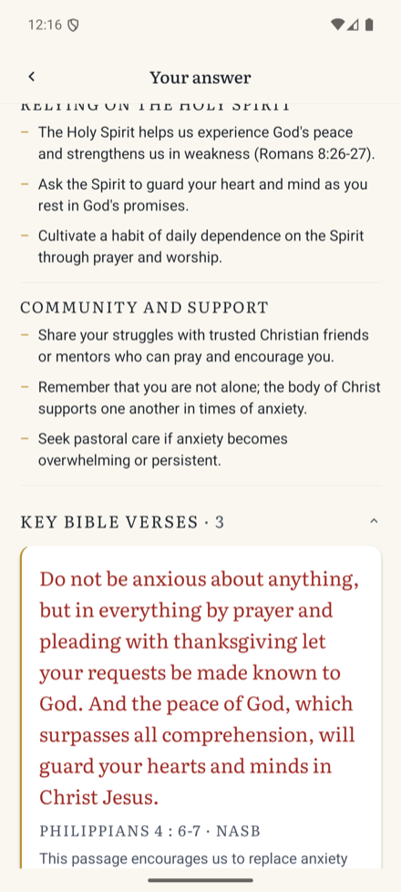 The key verses section, with Philippians 4:6-7 shown in full in red-letter type with a gilt rail and the translation tag.