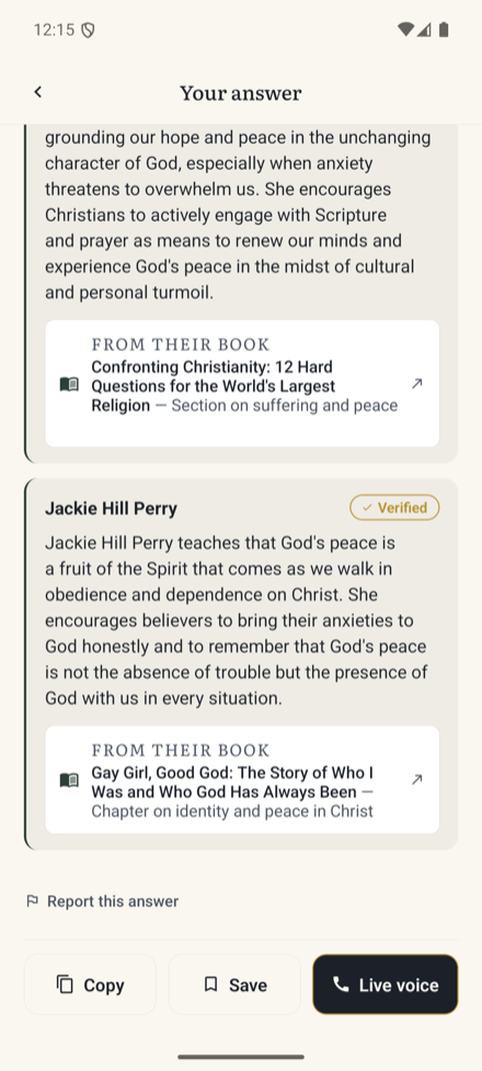 Apologist insight cards, each with the author's name, a verified chip, a summary of their view, and a link to the book it came from.