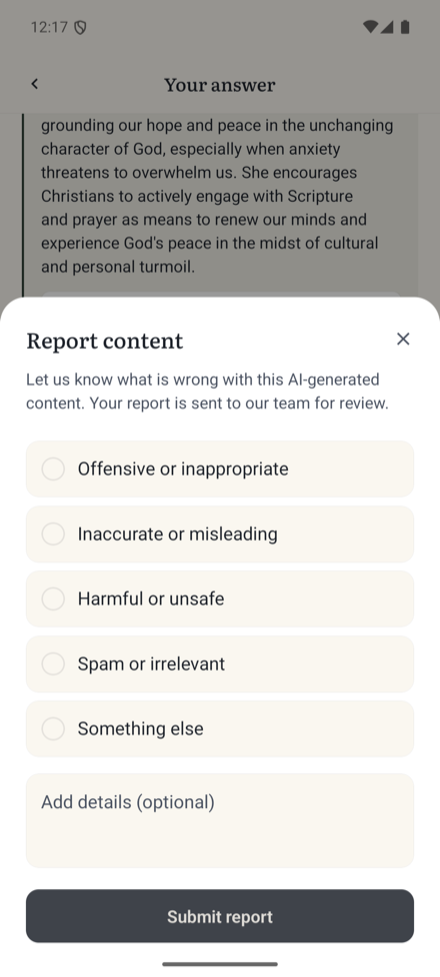 The report sheet over an answer, with reasons to choose from and a details field.