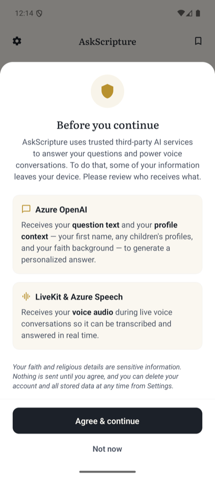 The consent screen shown before first use, listing which services receive which data.