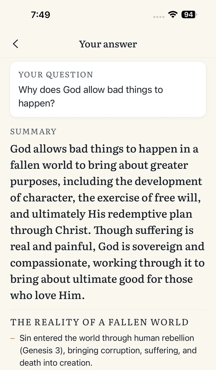 An answer to the question why does God allow bad things to happen: the question repeated at the top, a summary in large type, and the first point of the reasoning citing Genesis 3.