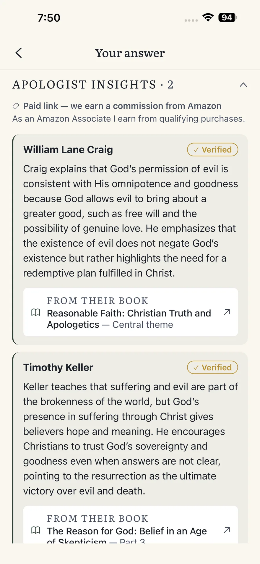 Apologist insights from William Lane Craig and Timothy Keller, each marked verified and linked to the book it came from.
