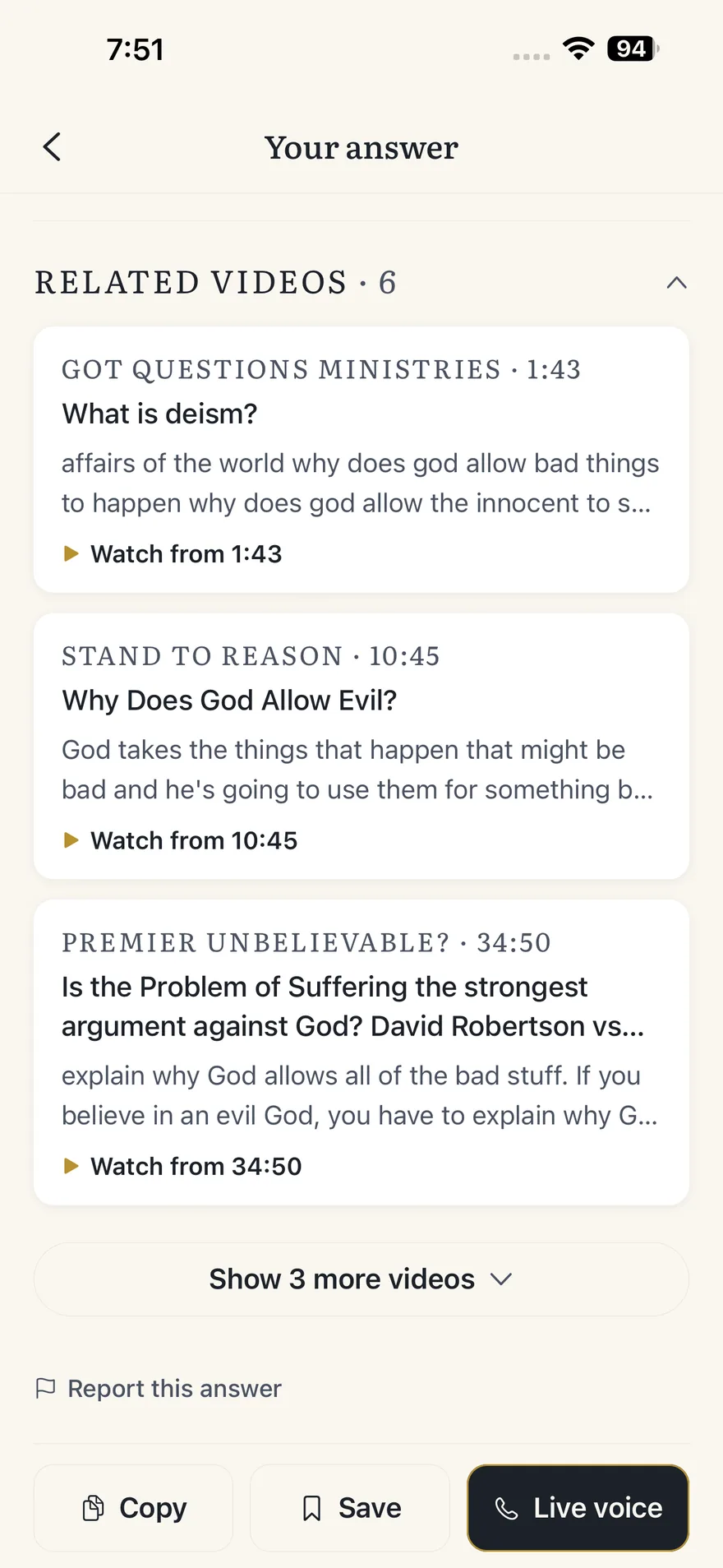 Related teaching videos, each with the channel name and a watch-from timestamp into the video.