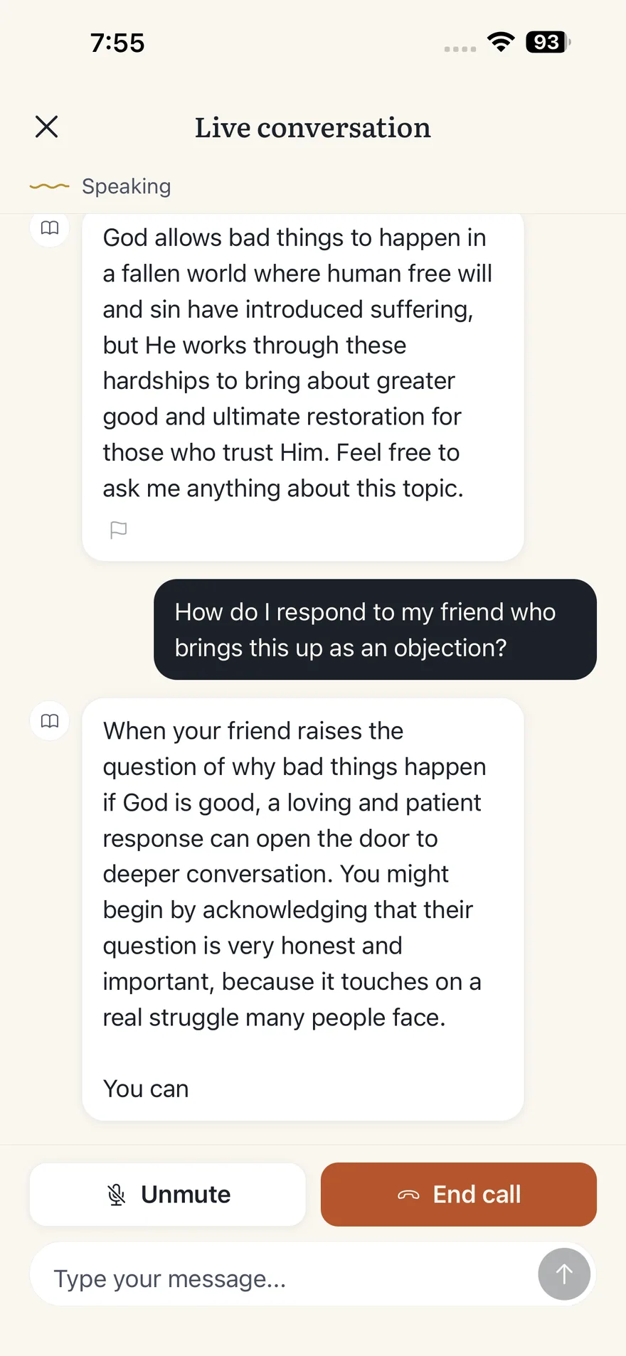A live voice conversation about the same question, showing a spoken answer, a follow-up asking how to respond to a friend who raises it as an objection, and the reply.